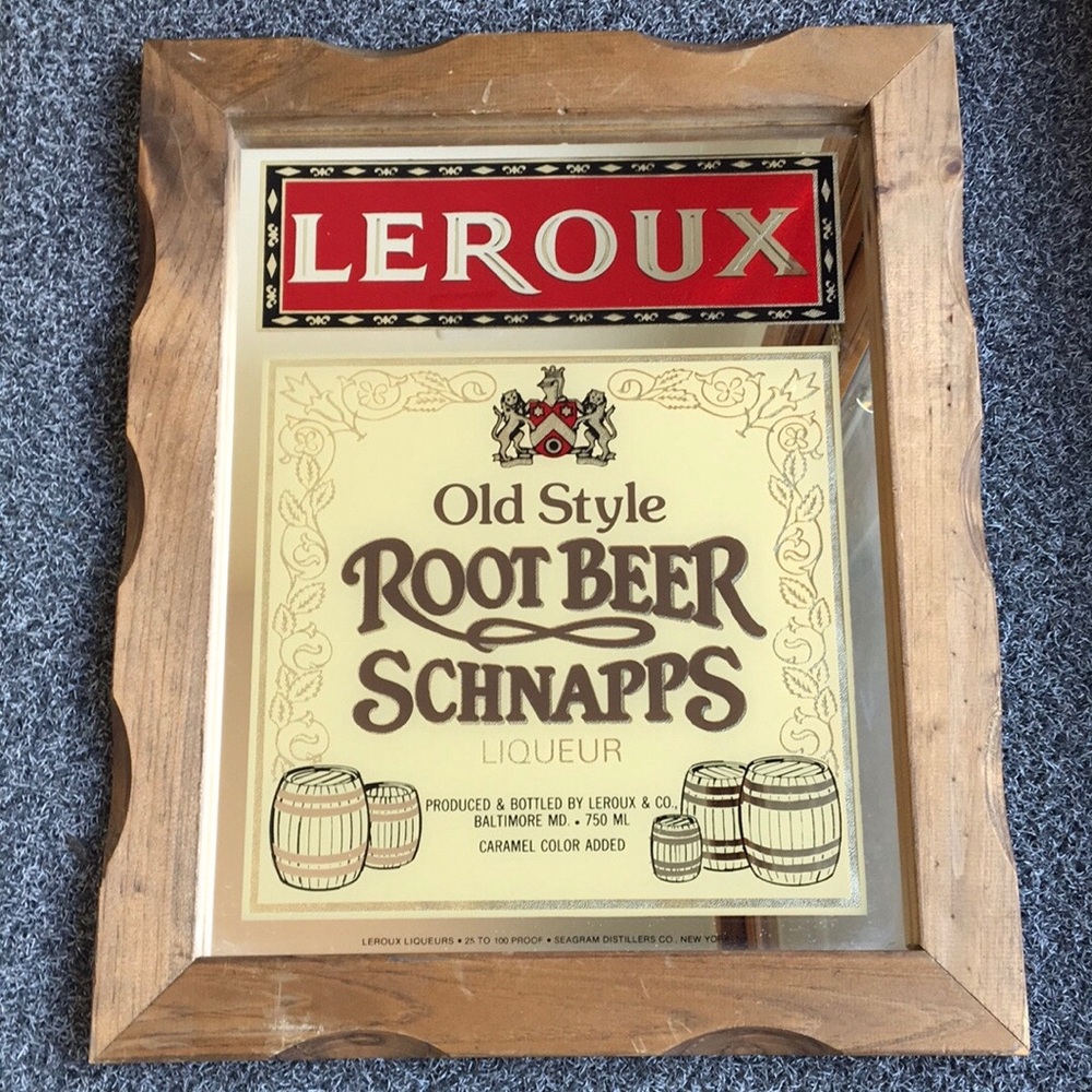 Vintage Leroux Root Beer Schnapps Mirrored Sign